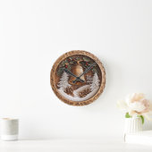 Horloge Ronde Cloche d'hiver en bois, conception artisanale AI H (Maison)