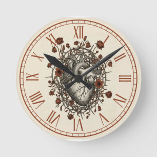 Horloge Ronde Cœur Anatomique Vintage & Épines Florales Gothique