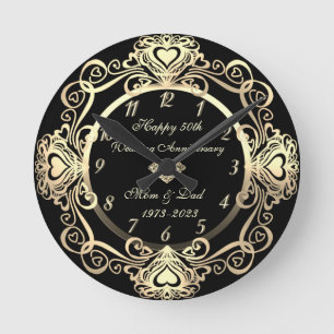 Horloge Ronde Cœur avec tourbillons dorés chic diamant 50 ans de