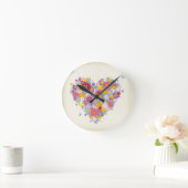 Horloge Ronde Coeur floral avec des papillons (Maison)