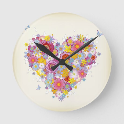 Horloge Ronde Coeur floral avec des papillons (Recto)