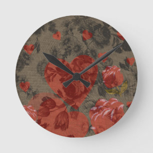 Horloge Ronde Coeur rouge sur belle vintage florale