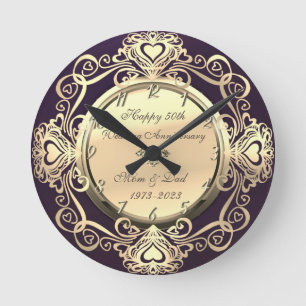 Horloge Ronde Cœur Tourbillons d'Or Diamant Violet 50 ans de Mar