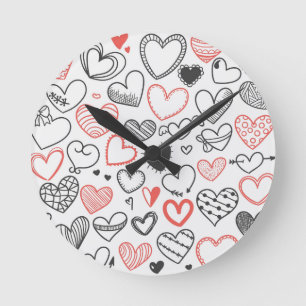 Horloge Ronde Coeurs de griffonnage de Valentine rouges et