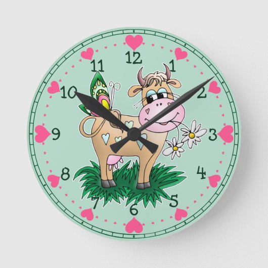 Horloge Ronde Coeurs de vaches et de papillons mignons (Recto)