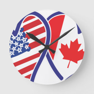 Horloge Ronde Coeurs du drapeau canadien et américain