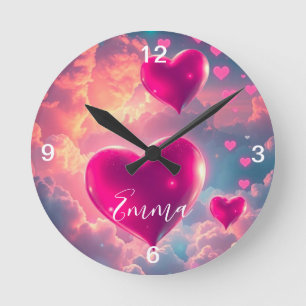 Horloge Ronde Coeurs flottants roses dans le ciel