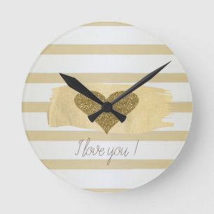 Horloge Ronde Cœurs rayés pailletés or adorables-Je t'aime