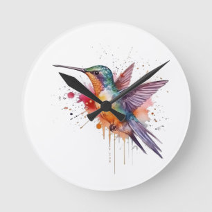 Horloge Ronde colibri exotique coloré en aquarelle de vol