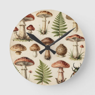 Horloge Ronde Collage de fougère de champignon botanique vintage