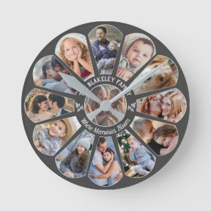Horloge Ronde Collage de photos familiales Gris 13 Forme de fleu