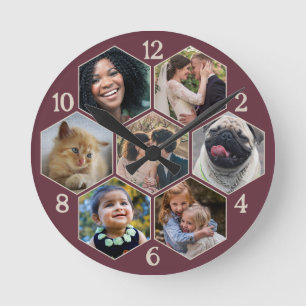 Horloge Ronde Collage photo de famille 7 Personnalisé Bourgogne 