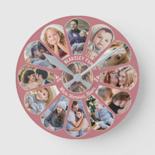 Horloge Ronde Collage Photo Famille Rose 13 Forme Fleur Personna