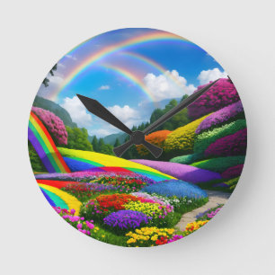 Horloge Ronde Collines et fleurs arc-en-ciel deux