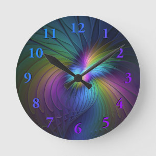 Horloge Ronde Coloré Avec Bleu Moderne Art Fractal Abstrait