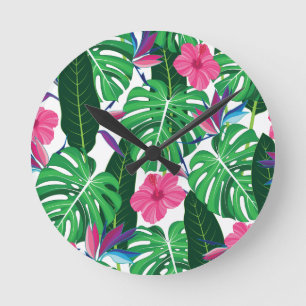 Horloge Ronde Coloré feuilles tropicaux et jungle de fleurs