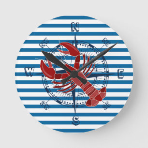 Horloge Ronde Compass and Lobster Blue and White Stripe Clock