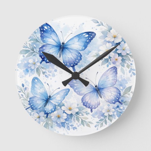 Horloge Ronde Composition florale Papillon Bleu (Recto)