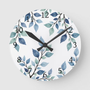Horloge Ronde Conception botanique de feuilles à l'aquarelle ble