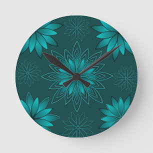 Horloge Ronde Conception de mandala à feuilles sarcelles sur fon