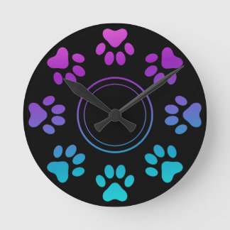Horloge Ronde Conception d'empreintes de pattes bleu cyan violet