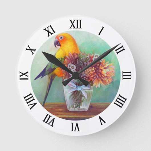 Horloge Ronde Conure solaire et fleurs (Recto)