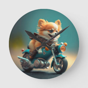 Horloge Ronde Cool chien biker, mignonne chien de conduite horlo