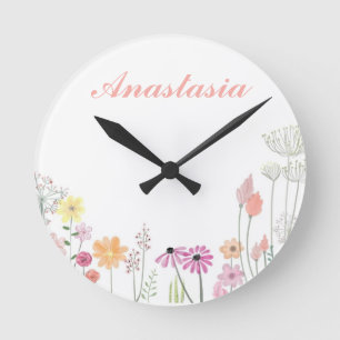 Horloge Ronde Cool, Extraordinaire, Fleurs roses avec ton nom