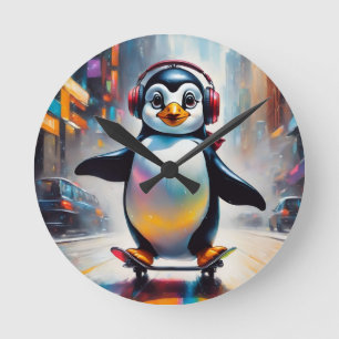Horloge Ronde Cool Peinture d'Art numérique de pingouin
