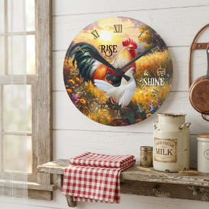 Horloge Ronde Coq coloré debout dès l'aube