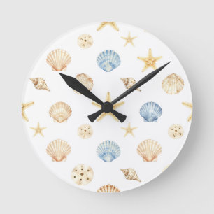Horloge Ronde Coquillages et étoiles de mer à l'aquarelle motif 