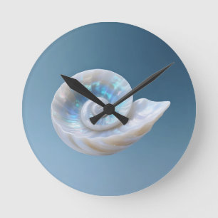 Horloge Ronde Coquille de Nautilus Spirale Iridescente