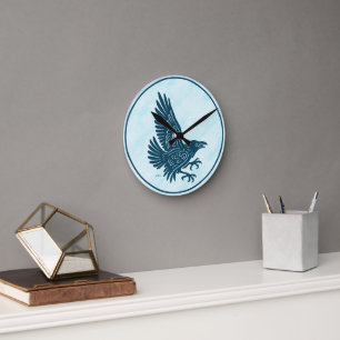 Horloge Ronde Corbeau bleu dansant