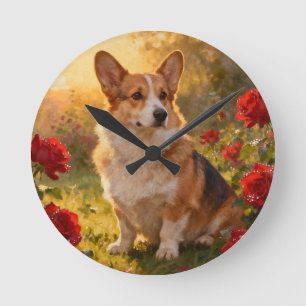 Horloge Ronde Corgi dans les Roses III