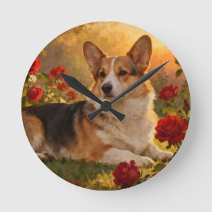 Horloge Ronde Corgi dans les Roses VI