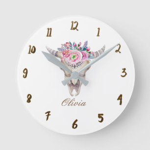 Horloge Ronde Cornes de crâne de vache florales rustiques person