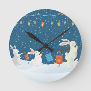 Horloge Ronde Cortège de lanternes de lapins mignons à travers l