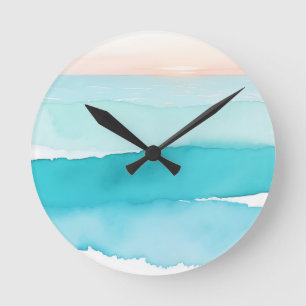 Horloge Ronde Coucher de soleil aquarelle sur l'océan turquoise
