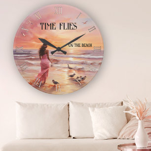 Horloge Ronde Coucher de soleil Art rose sur la plage