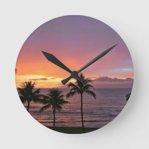Horloge Ronde Coucher du soleil tropical d'Hawaï sur la plage