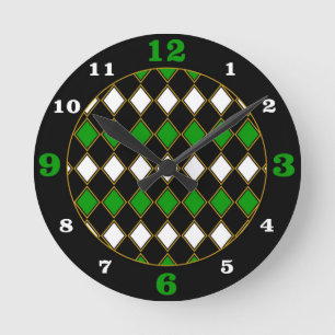 Horloge Ronde Couleurs de course vert/or Harlequin Motif