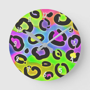 Horloge Ronde Couleurs Vives Impression Taches de Léopard Guépar