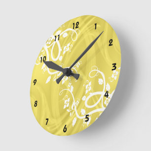 Horloge Ronde Courbes Sur Jaune Avec Filigree & Floral