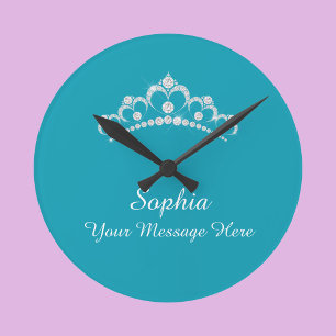 Horloge Ronde Couronne de diamants, Nom, Votre message, Bleu sar