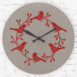 Horloge Ronde Couronne scandinave d'oiseaux<br><div class="desc">Une couronne d'oiseaux et de fleurs scandinaves modernes. Rouge sur neutre. Art original de Nic Squirrell.</div>