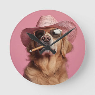 Horloge Ronde Cowboy Dog Wall Clock with Hat and Sung - Hu