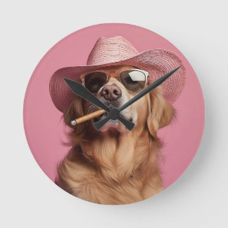 Horloge Ronde Cowboy Dog Wall Clock with Hat and Sung - Hu