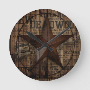 Horloge Ronde cowboy sauvage primitif d'étoile de Texas de pays