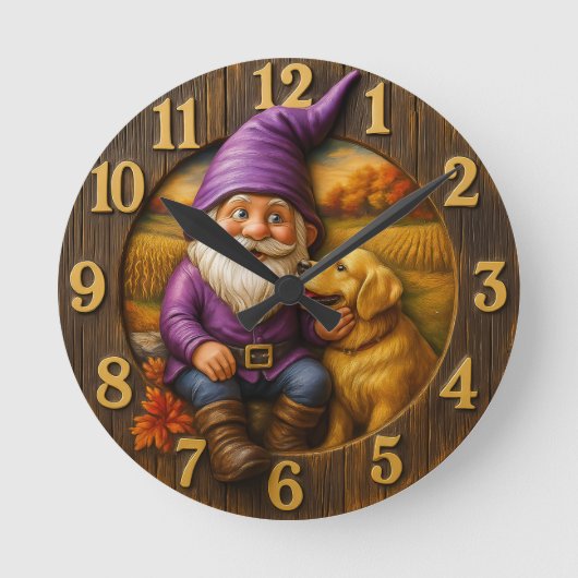 Horloge Ronde Cozy gnome & dog autumn  (Recto)