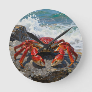 Horloge Ronde Crabe Rouge Vibrant et Vagues Océaniques